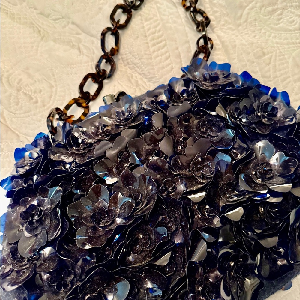 Floral Tory Burch Peter Flora Bag,tortoise shell Chain Strap Navy  vintage